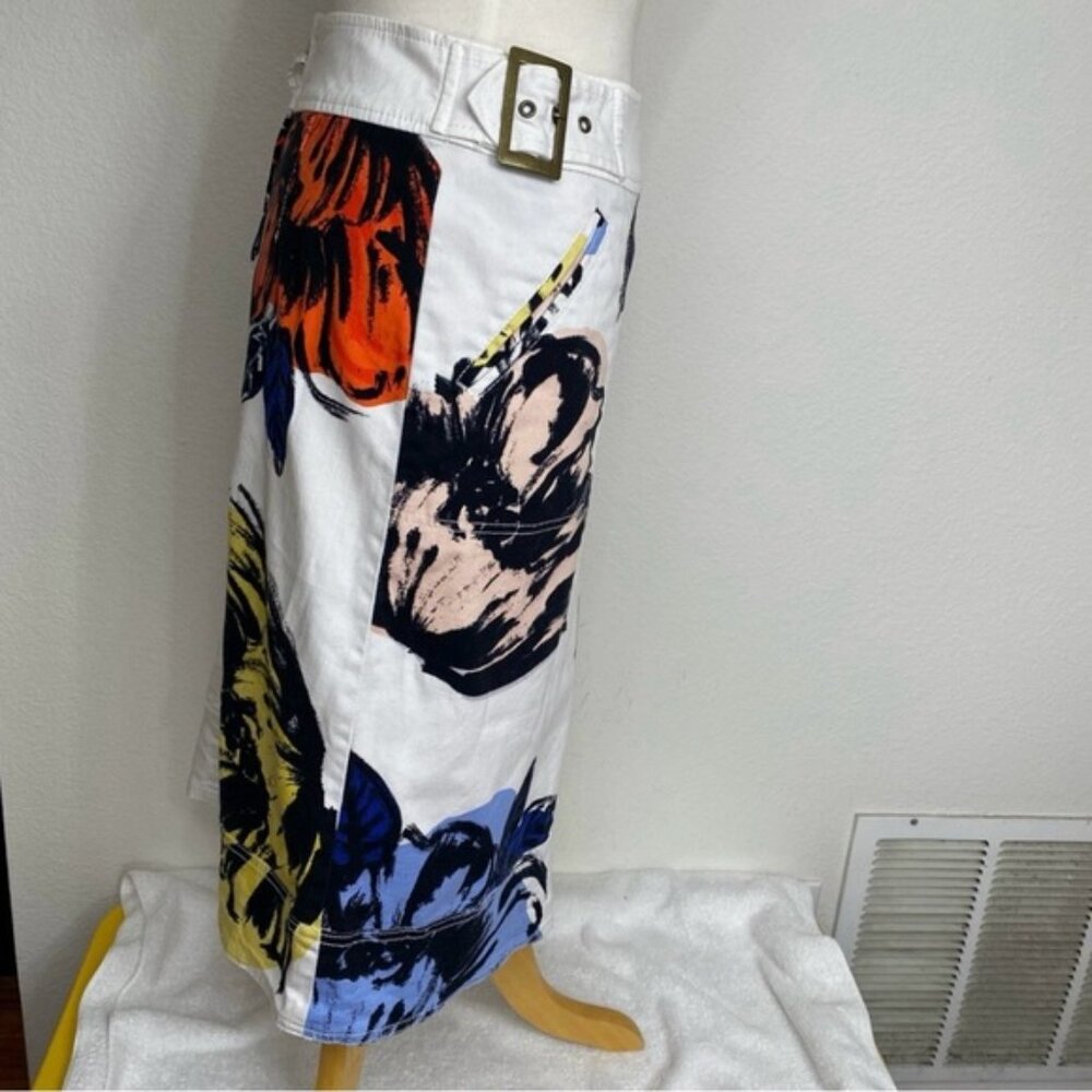 Anthropologie Maeve White Multicolor Watercolor Floral Belt Denim Skirt Size 4 - Picture 8 of 16